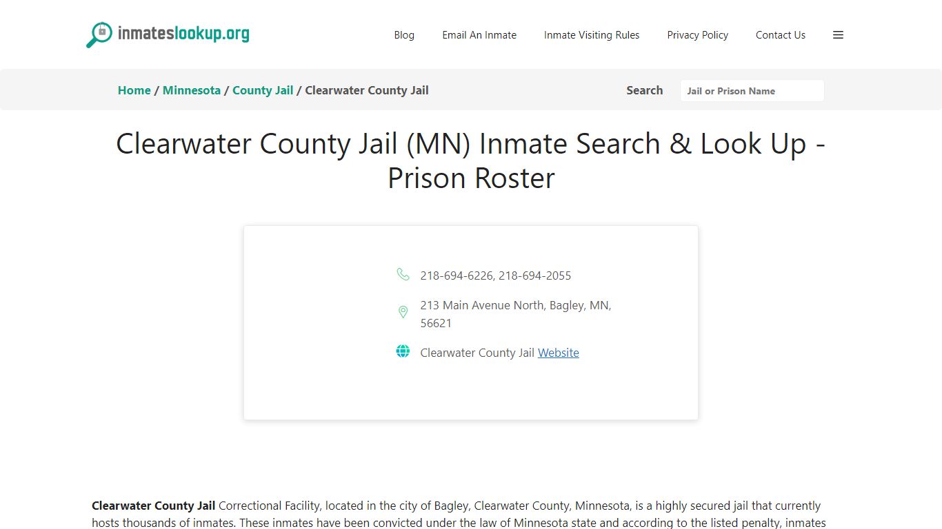 Clearwater County Jail (MN) Inmate Search & Look Up - Prison Roster